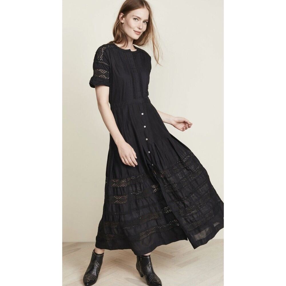 LOVESHACKFANCY Black Cotton Edie Lace Short Sleeve Midi Shirt Dress Size L